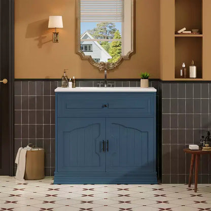 Meuble-lavabo de luxe de 36 pouces avec lavabo en céramique, meuble-lavabo avec deux grandes portes à fermeture amortie, armoire de rangement de salle de bain en bois massif.