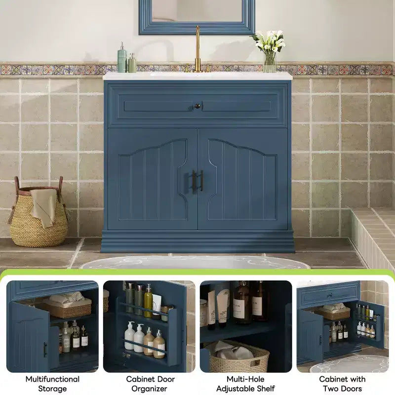 Meuble-lavabo de luxe de 36 pouces avec lavabo en céramique, meuble-lavabo avec deux grandes portes à fermeture amortie, armoire de rangement de salle de bain en bois massif.
