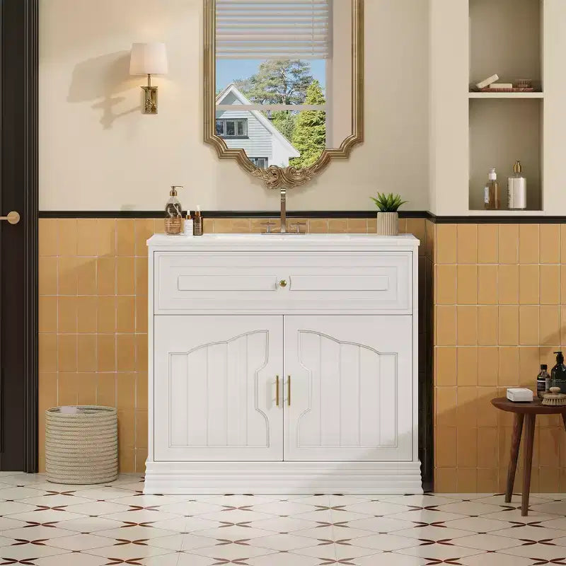 Meuble-lavabo de luxe de 36 pouces avec lavabo en céramique, meuble-lavabo avec deux grandes portes à fermeture amortie, armoire de rangement de salle de bain en bois massif.