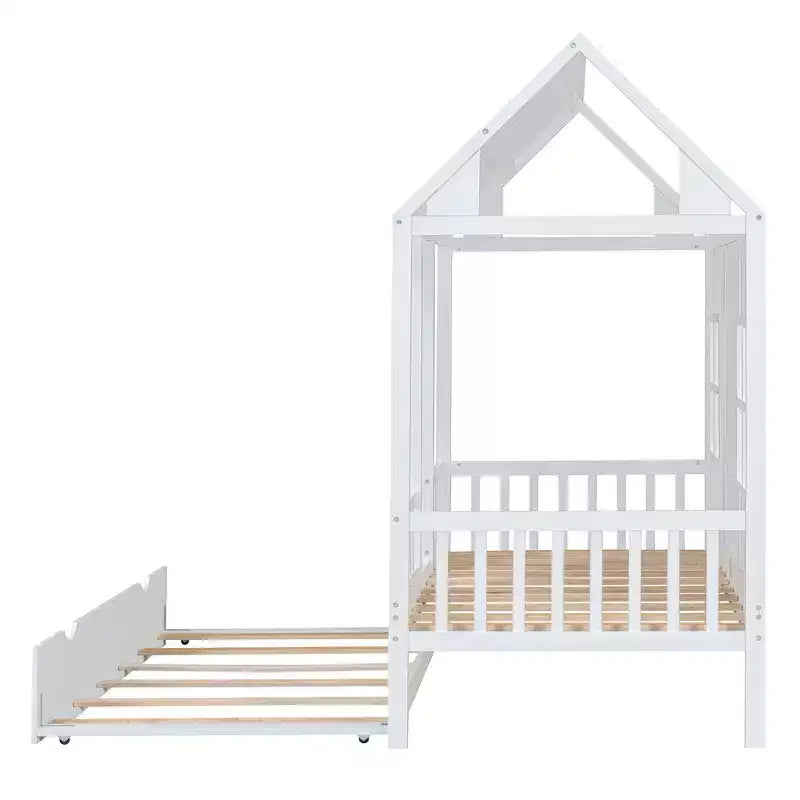 Lit cabane double/grand format avec lit gigogne, cadre de lit cabane en bois pour enfants avec toit et fenêtres, cadre de lit cabane pour garçons et filles, blanc
