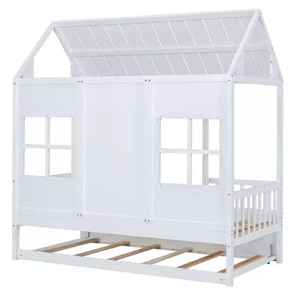 Lit cabane double/grand format avec lit gigogne, cadre de lit cabane en bois pour enfants avec toit et fenêtres, cadre de lit cabane pour garçons et filles, blanc