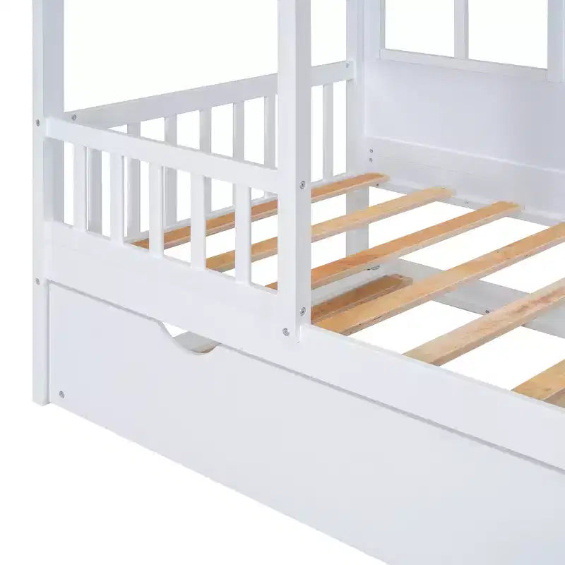 Lit cabane double/grand format avec lit gigogne, cadre de lit cabane en bois pour enfants avec toit et fenêtres, cadre de lit cabane pour garçons et filles, blanc