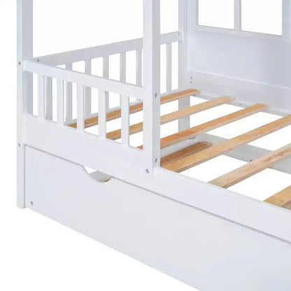 Lit cabane double/grand format avec lit gigogne, cadre de lit cabane en bois pour enfants avec toit et fenêtres, cadre de lit cabane pour garçons et filles, blanc