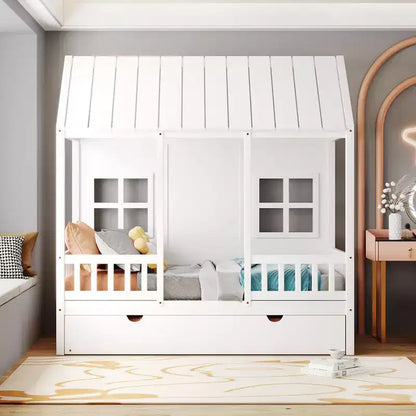 Lit cabane double/grand format avec lit gigogne, cadre de lit cabane en bois pour enfants avec toit et fenêtres, cadre de lit cabane pour garçons et filles, blanc