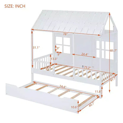Lit cabane double/grand format avec lit gigogne, cadre de lit cabane en bois pour enfants avec toit et fenêtres, cadre de lit cabane pour garçons et filles, blanc