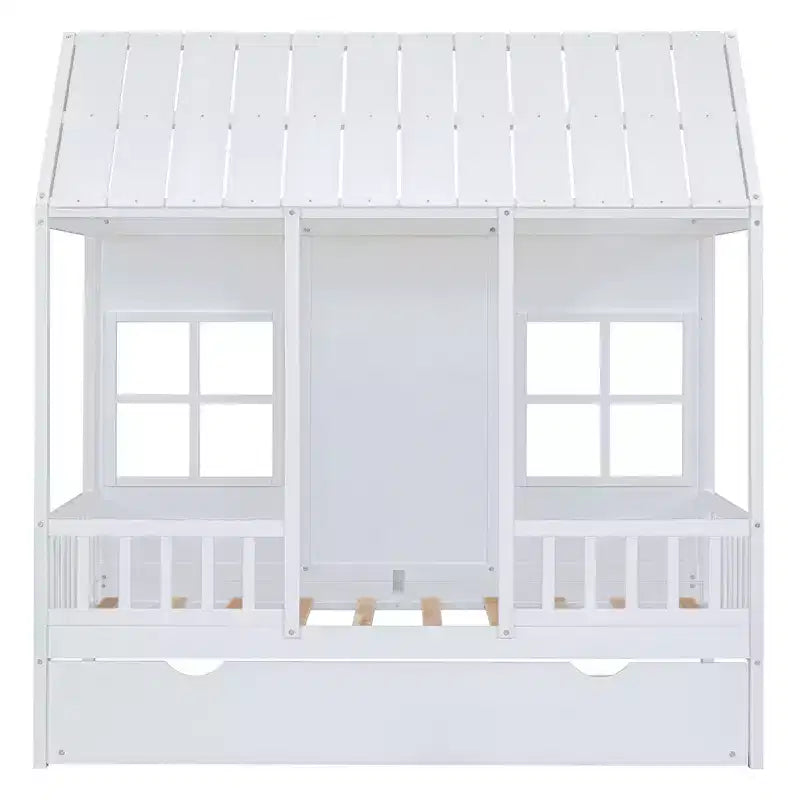 Lit cabane double/grand format avec lit gigogne, cadre de lit cabane en bois pour enfants avec toit et fenêtres, cadre de lit cabane pour garçons et filles, blanc