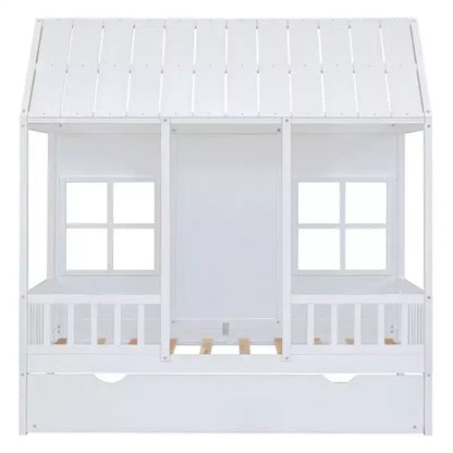 Lit cabane double/grand format avec lit gigogne, cadre de lit cabane en bois pour enfants avec toit et fenêtres, cadre de lit cabane pour garçons et filles, blanc