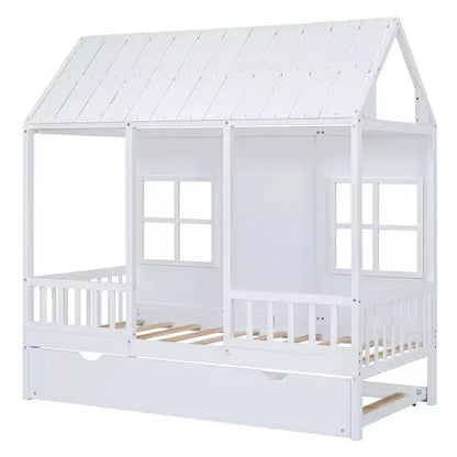 Lit cabane double/grand format avec lit gigogne, cadre de lit cabane en bois pour enfants avec toit et fenêtres, cadre de lit cabane pour garçons et filles, blanc