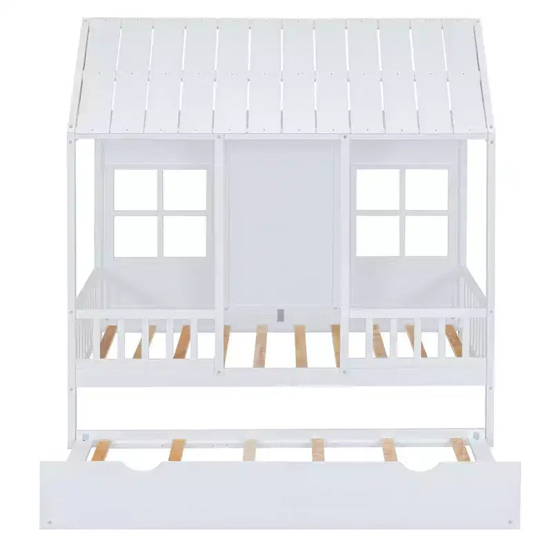 Lit cabane double/grand format avec lit gigogne, cadre de lit cabane en bois pour enfants avec toit et fenêtres, cadre de lit cabane pour garçons et filles, blanc