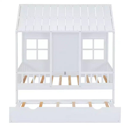 Lit cabane double/grand format avec lit gigogne, cadre de lit cabane en bois pour enfants avec toit et fenêtres, cadre de lit cabane pour garçons et filles, blanc