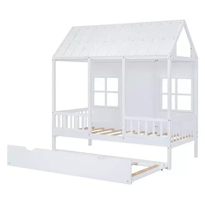 Lit cabane double/grand format avec lit gigogne, cadre de lit cabane en bois pour enfants avec toit et fenêtres, cadre de lit cabane pour garçons et filles, blanc