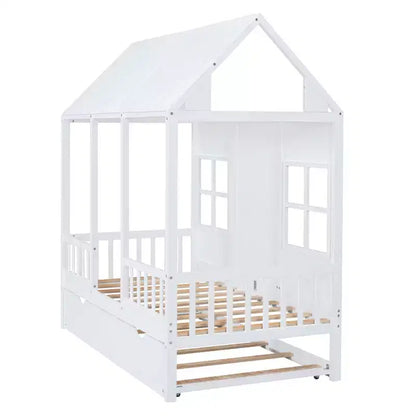 Lit cabane double/grand format avec lit gigogne, cadre de lit cabane en bois pour enfants avec toit et fenêtres, cadre de lit cabane pour garçons et filles, blanc