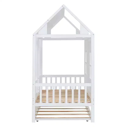 Lit cabane double/grand format avec lit gigogne, cadre de lit cabane en bois pour enfants avec toit et fenêtres, cadre de lit cabane pour garçons et filles, blanc