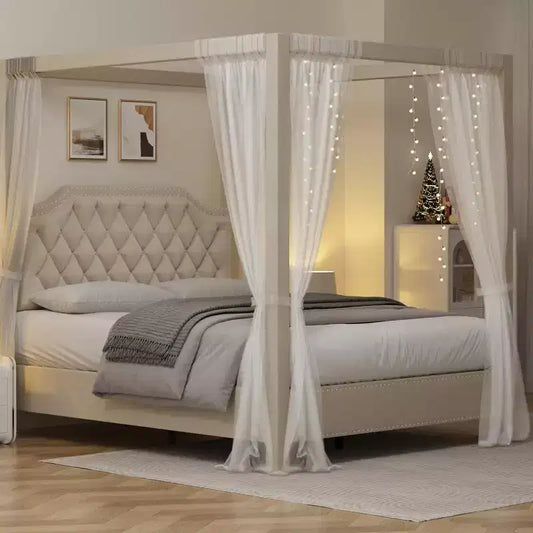 Canopy Bed Frame, Nailhead Decoration Headboard, Button Tufted, No Box Spring Required, Wood Slats Support, Noise Free