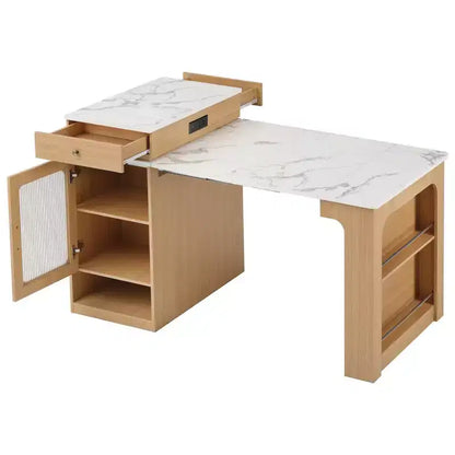 59,5 Îlot de cuisine extensible avec table à manger, Table de cuisine avec 2 tiroirs et étagères latérales ouvertes, Îlot de cuisine utilitaire pour salle à manger