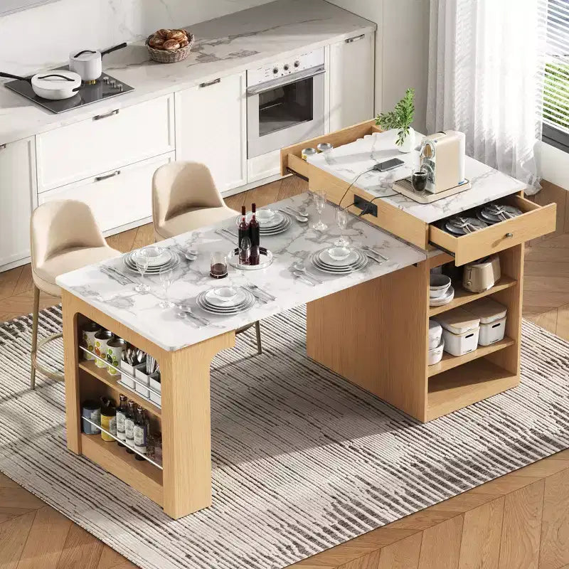 59,5 Îlot de cuisine extensible avec table à manger, Table de cuisine avec 2 tiroirs et étagères latérales ouvertes, Îlot de cuisine utilitaire pour salle à manger