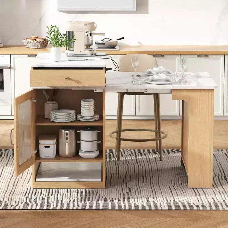 59,5 Îlot de cuisine extensible avec table à manger, Table de cuisine avec 2 tiroirs et étagères latérales ouvertes, Îlot de cuisine utilitaire pour salle à manger