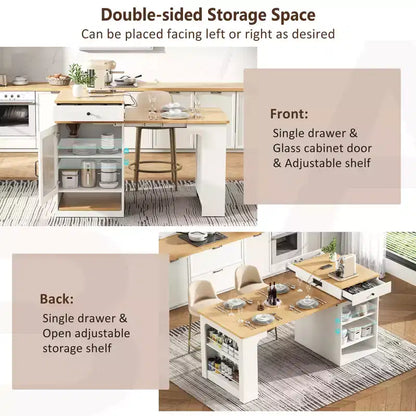 59,5 Îlot de cuisine extensible avec table à manger, Table de cuisine avec 2 tiroirs et étagères latérales ouvertes, Îlot de cuisine utilitaire pour salle à manger