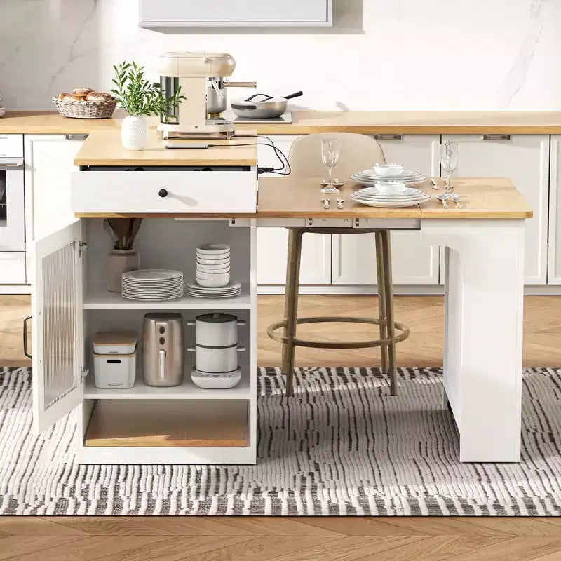 59,5 Îlot de cuisine extensible avec table à manger, Table de cuisine avec 2 tiroirs et étagères latérales ouvertes, Îlot de cuisine utilitaire pour salle à manger