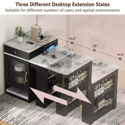 59,5 Îlot de cuisine extensible avec table à manger, Table de cuisine avec 2 tiroirs et étagères latérales ouvertes, Îlot de cuisine utilitaire pour salle à manger