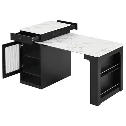 59,5 Îlot de cuisine extensible avec table à manger, Table de cuisine avec 2 tiroirs et étagères latérales ouvertes, Îlot de cuisine utilitaire pour salle à manger