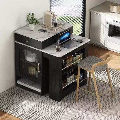 59,5 Îlot de cuisine extensible avec table à manger, Table de cuisine avec 2 tiroirs et étagères latérales ouvertes, Îlot de cuisine utilitaire pour salle à manger