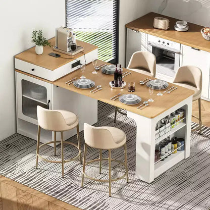 59,5 Îlot de cuisine extensible avec table à manger, Table de cuisine avec 2 tiroirs et étagères latérales ouvertes, Îlot de cuisine utilitaire pour salle à manger