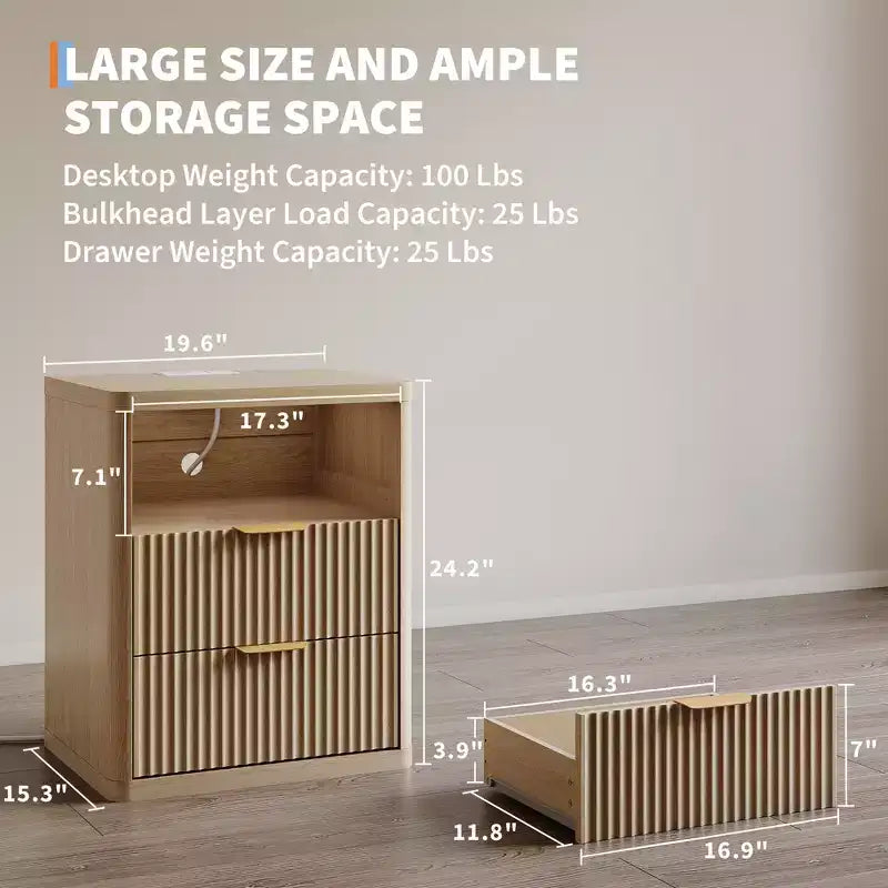 Tables de Chevet Rainurées (Lot de 2) avec Station de Recharge, Tables d'Appoint Modernes, Tables de Nuit avec 2 Tiroirs et Rangement Ouvert, Chambre, Salon