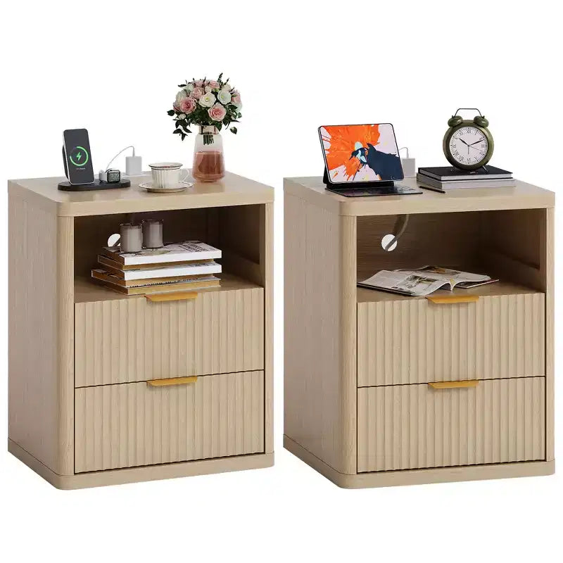 Tables de Chevet Rainurées (Lot de 2) avec Station de Recharge, Tables d'Appoint Modernes, Tables de Nuit avec 2 Tiroirs et Rangement Ouvert, Chambre, Salon
