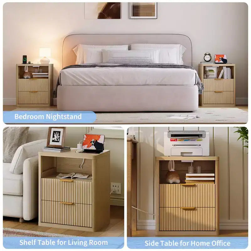 Tables de Chevet Rainurées (Lot de 2) avec Station de Recharge, Tables d'Appoint Modernes, Tables de Nuit avec 2 Tiroirs et Rangement Ouvert, Chambre, Salon