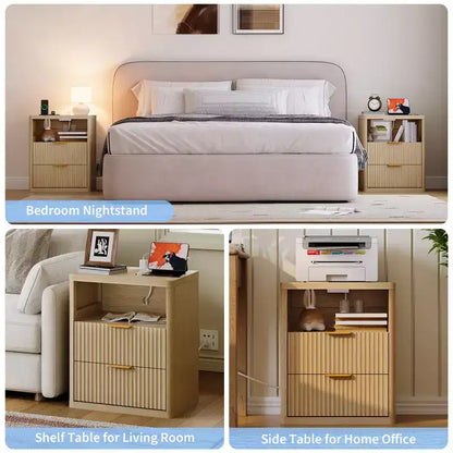 Tables de Chevet Rainurées (Lot de 2) avec Station de Recharge, Tables d'Appoint Modernes, Tables de Nuit avec 2 Tiroirs et Rangement Ouvert, Chambre, Salon