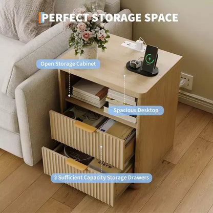 Tables de Chevet Rainurées (Lot de 2) avec Station de Recharge, Tables d'Appoint Modernes, Tables de Nuit avec 2 Tiroirs et Rangement Ouvert, Chambre, Salon