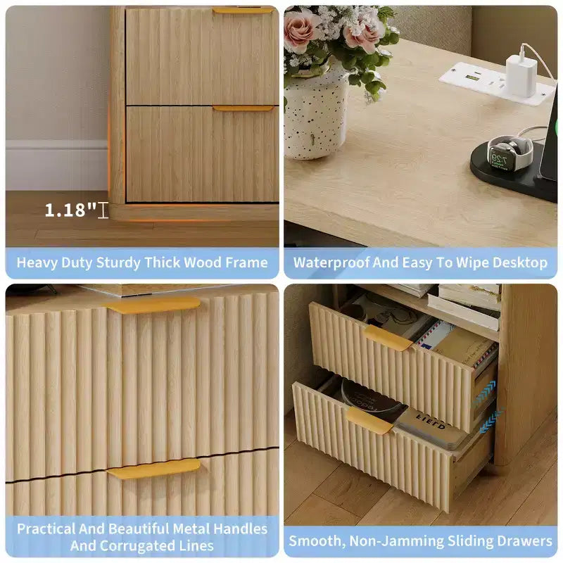 Tables de Chevet Rainurées (Lot de 2) avec Station de Recharge, Tables d'Appoint Modernes, Tables de Nuit avec 2 Tiroirs et Rangement Ouvert, Chambre, Salon