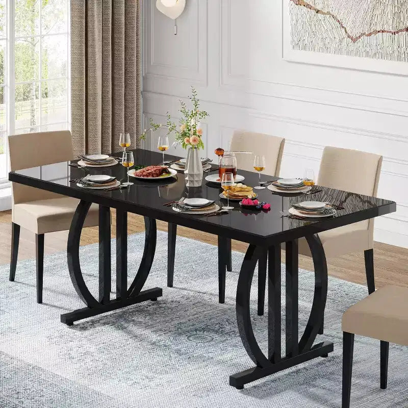 Lantine Dining Table for 6 People, 63 Rectangle Kitchen Table with Metal Frame, Modern Dinner Table for Home, Dining Room, Black