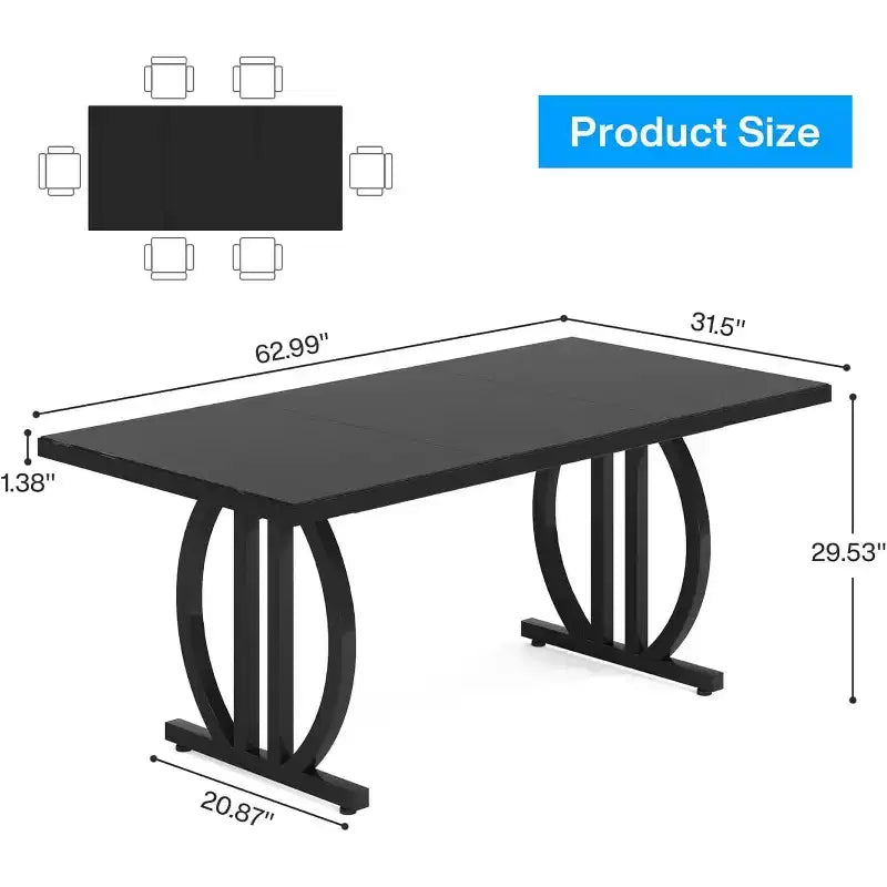 Table à manger Lantine pour 6 personnes, table de cuisine rectangulaire de 160 cm avec cadre métallique, table à dîner moderne pour la maison, la salle à manger, noire