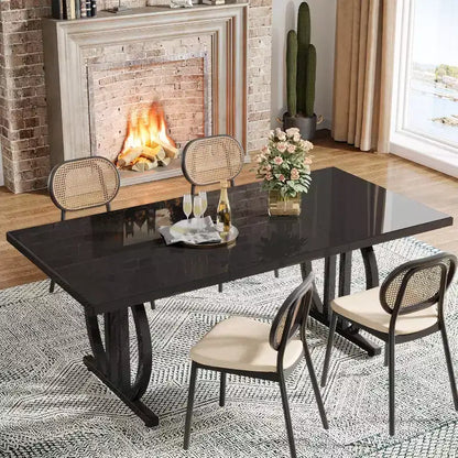 Table à manger Lantine pour 6 personnes, table de cuisine rectangulaire de 160 cm avec cadre métallique, table à dîner moderne pour la maison, la salle à manger, noire
