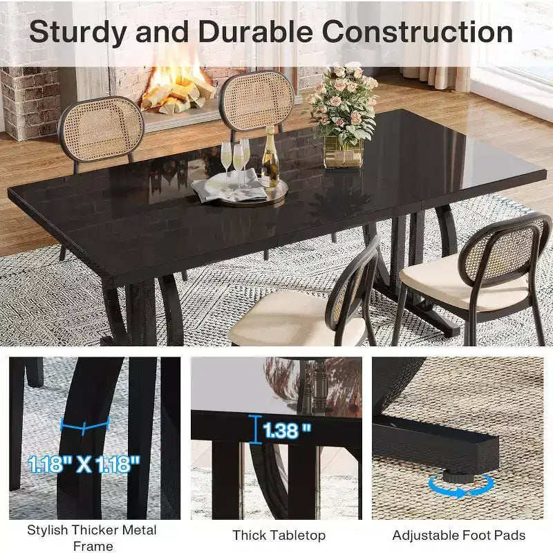 Table à manger Lantine pour 6 personnes, table de cuisine rectangulaire de 160 cm avec cadre métallique, table à dîner moderne pour la maison, la salle à manger, noire