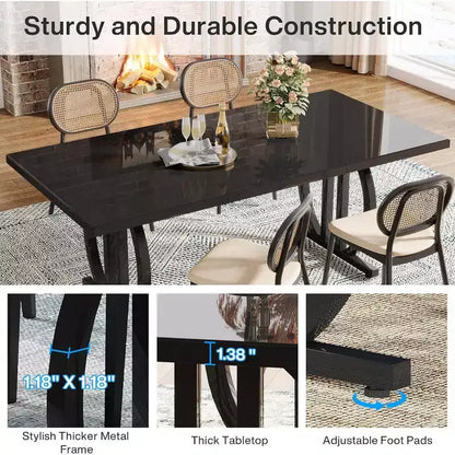 Table à manger Lantine pour 6 personnes, table de cuisine rectangulaire de 160 cm avec cadre métallique, table à dîner moderne pour la maison, la salle à manger, noire
