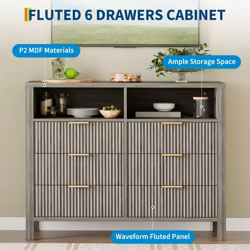 Commode à tiroirs rainurés, motif ondulé, six tiroirs, deux espaces vides, matériau MDF durable,