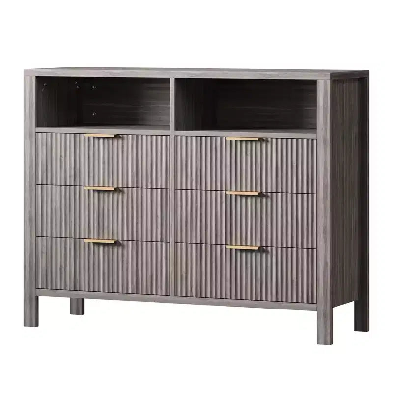 Commode à tiroirs rainurés, motif ondulé, six tiroirs, deux espaces vides, matériau MDF durable,