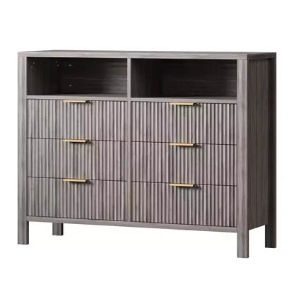 Commode à tiroirs rainurés, motif ondulé, six tiroirs, deux espaces vides, matériau MDF durable,