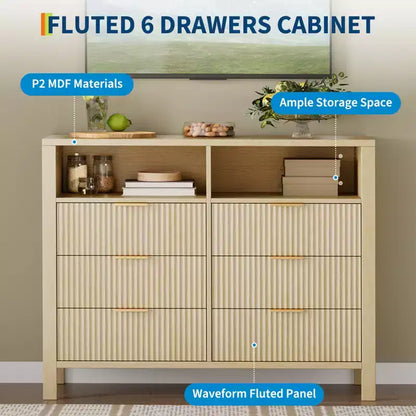 Commode à tiroirs rainurés, motif ondulé, six tiroirs, deux espaces vides, matériau MDF durable,