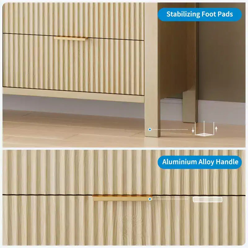 Commode à tiroirs rainurés, motif ondulé, six tiroirs, deux espaces vides, matériau MDF durable,