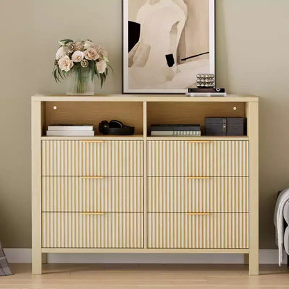 Commode à tiroirs rainurés, motif ondulé, six tiroirs, deux espaces vides, matériau MDF durable,
