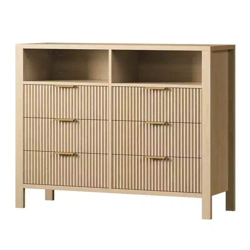 Commode à tiroirs rainurés, motif ondulé, six tiroirs, deux espaces vides, matériau MDF durable,