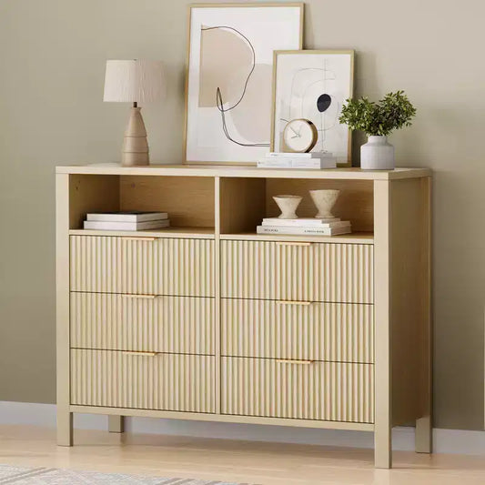 Grooved Drawer Chest, Wavy Pattern, Six Drawers, Two Empty Spaces,Durable MDF Material,