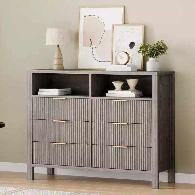 Commode à tiroirs rainurés, motif ondulé, six tiroirs, deux espaces vides, matériau MDF durable,