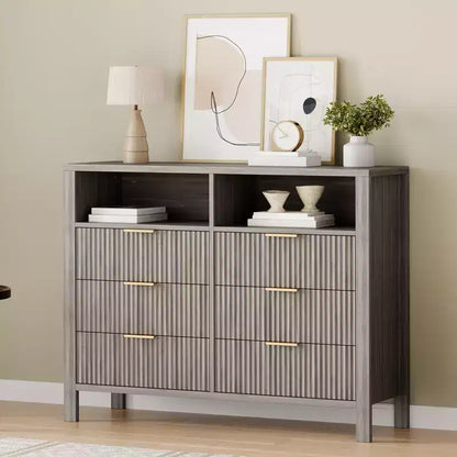 Commode à tiroirs rainurés, motif ondulé, six tiroirs, deux espaces vides, matériau MDF durable,