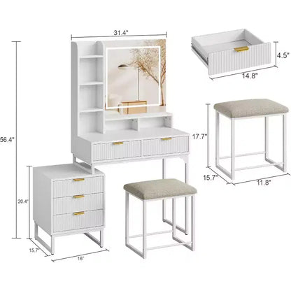 Coiffeuse blanche avec miroir et lumières réglables 3 modes, table de maquillage 5 tiroirs avec meuble de rangement latéral amovible, tabouret pour chambre à coucher