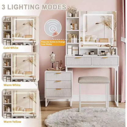 Coiffeuse blanche avec miroir et lumières réglables 3 modes, table de maquillage 5 tiroirs avec meuble de rangement latéral amovible, tabouret pour chambre à coucher
